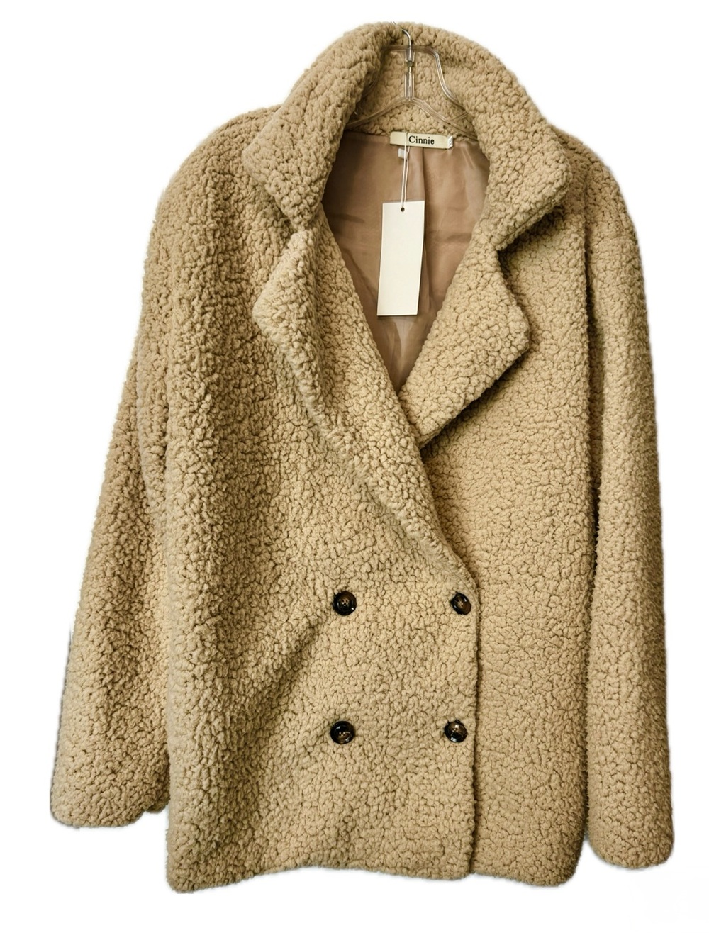 NWT Cinnie Teddy Coat Beige Sherpa Double Breasted Oversized Jacket Size XXL